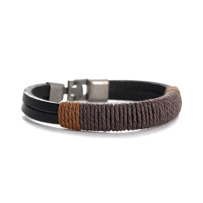 Vintage Trend Titanium Black Leather Hemp Rope Bracelet