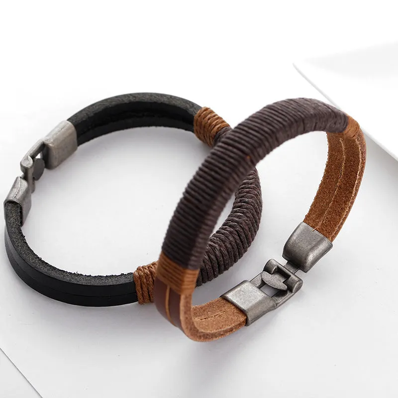 Vintage Trend Titanium Black Leather Hemp Rope Bracelet