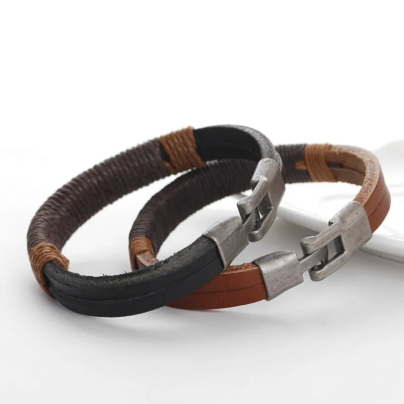 Vintage Trend Titanium Black Leather Hemp Rope Bracelet