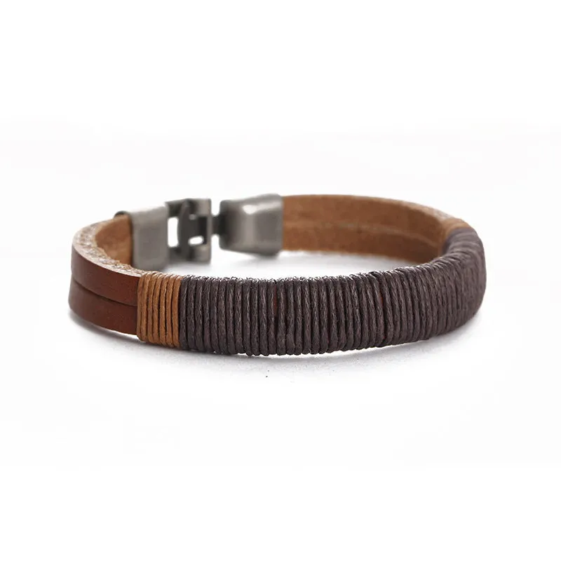 Vintage Trend Titanium Black Leather Hemp Rope Bracelet