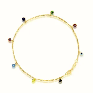 Women's Vermeil Dangling Multi Color Evil Eyes Anklet