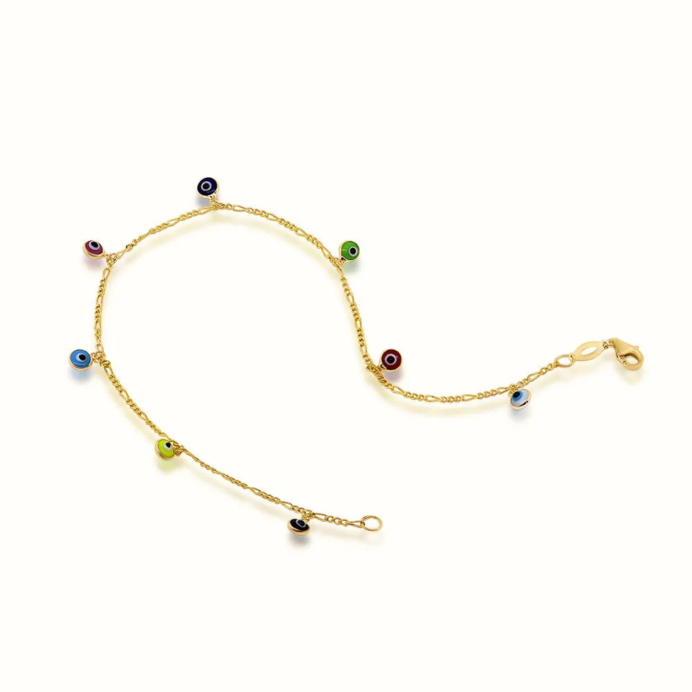 Women's Vermeil Dangling Multi Color Evil Eyes Anklet