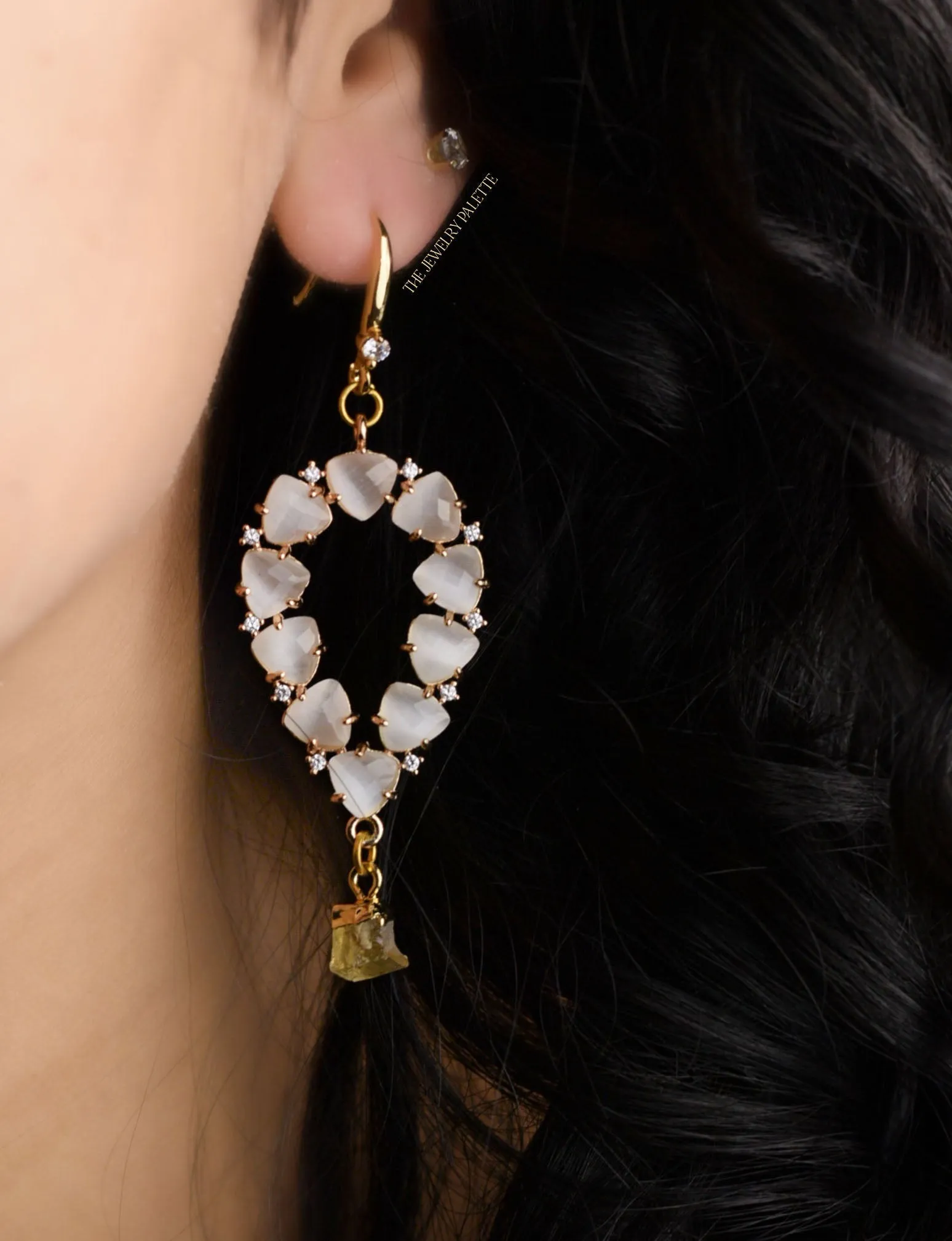 Yara white stones with gold edged ruby drop earrings