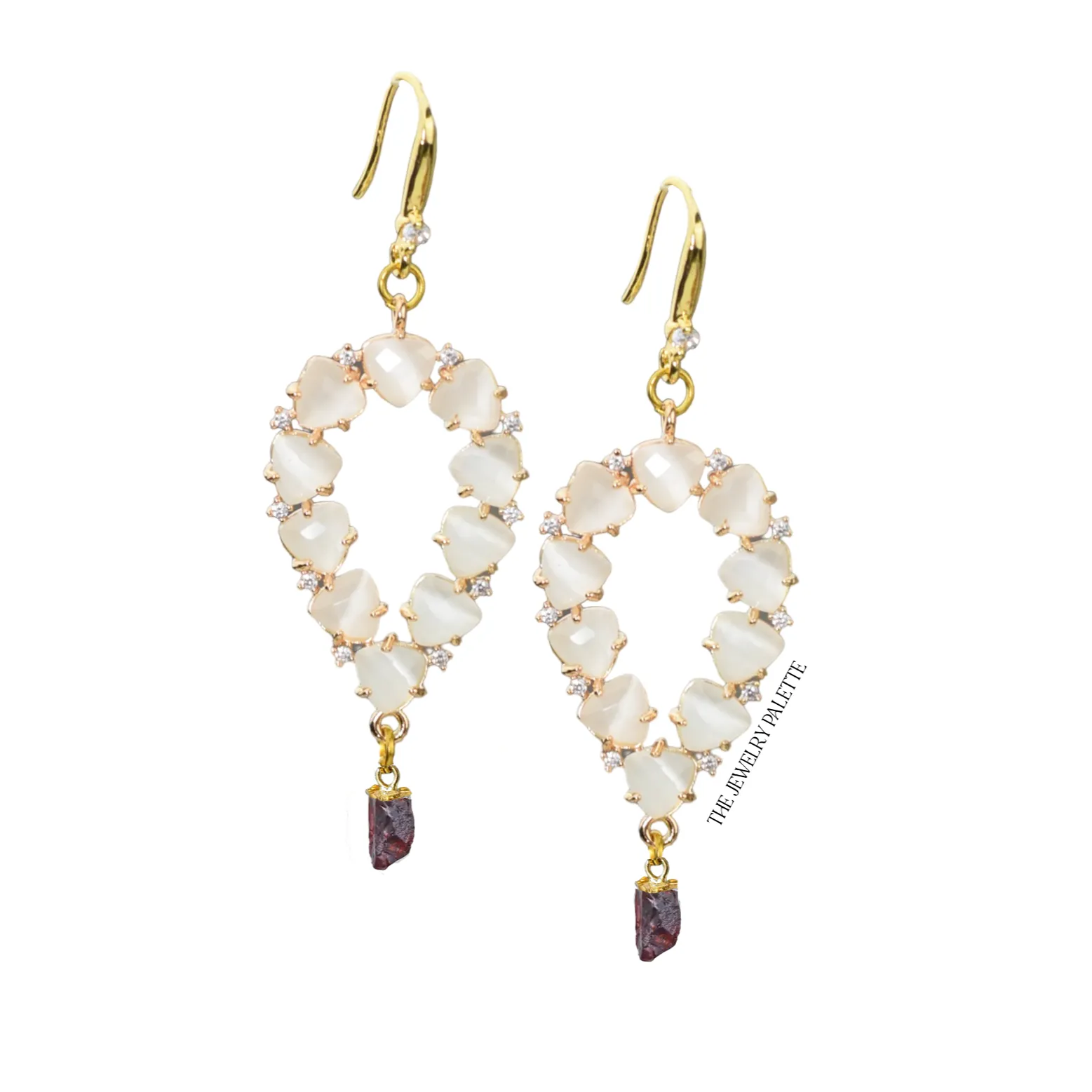 Yara white stones with gold edged ruby drop earrings